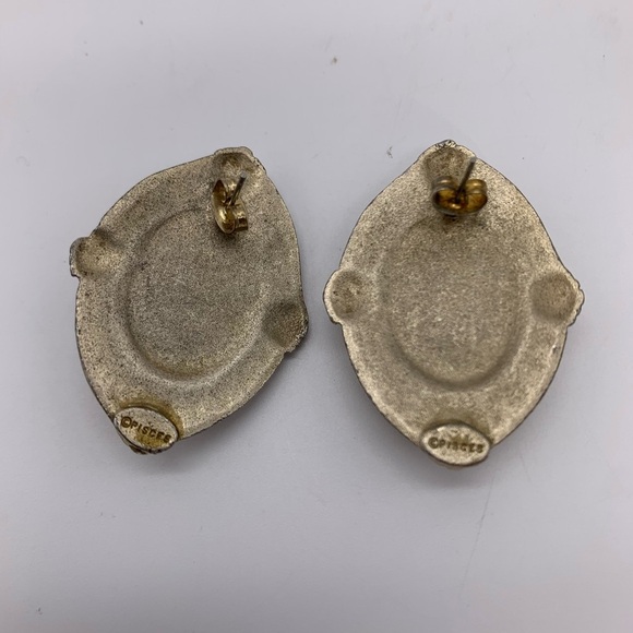 Signed PISCES  Red Jasper Pierced Earrings Embossed Detailed Pattern Bronze Tone - Picture 8 of 8